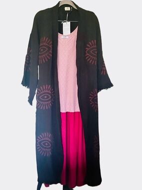 Boho Eye Midi Duster Cardigan in Black & Burgundy Red NEW